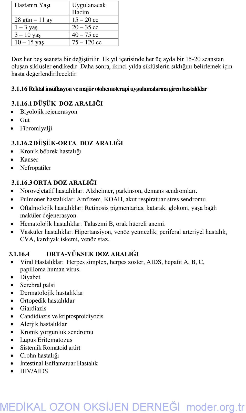 1.16.1 DÜġÜK DOZ ARALIĞI Biyolojik rejenerasyon Gut Fibromiyalji 3.1.16.2 DÜġÜK-ORTA DOZ ARALIĞI Kronik böbrek hastalığı Kanser Nefropatiler 3.1.16.3 ORTA DOZ ARALIĞI Nörovejetatif hastalıklar: Alzheimer, parkinson, demans sendromları.