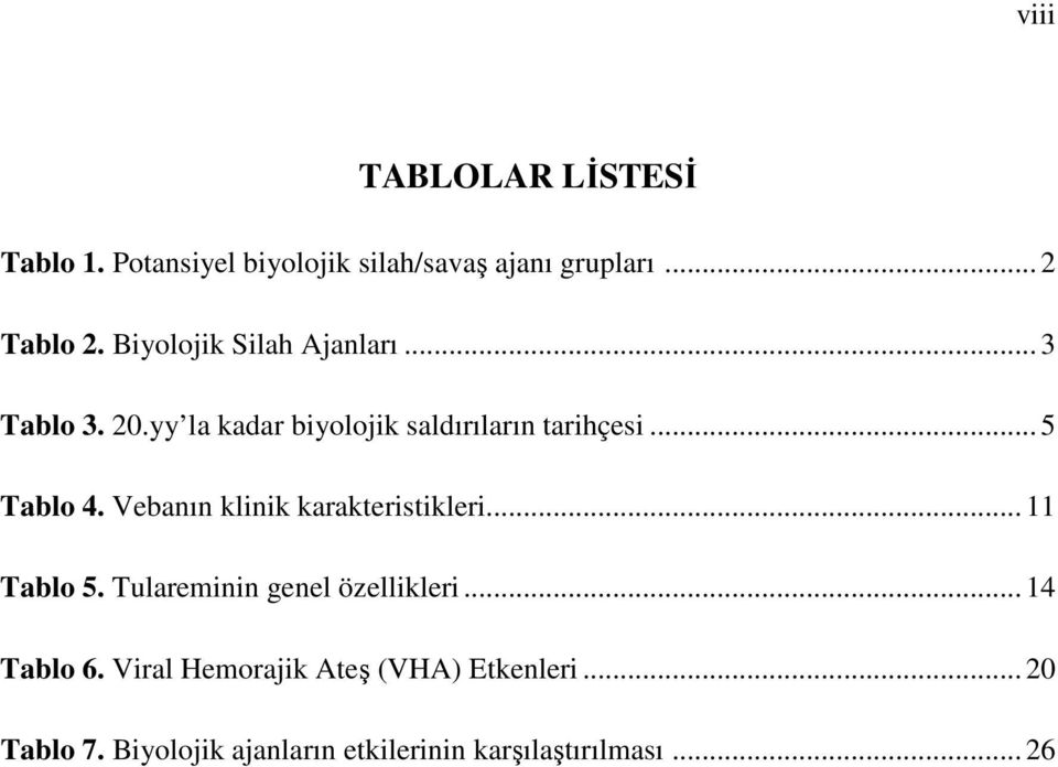 Vebanın klinik karakteristikleri... 11 Tablo 5. Tulareminin genel özellikleri... 14 Tablo 6.