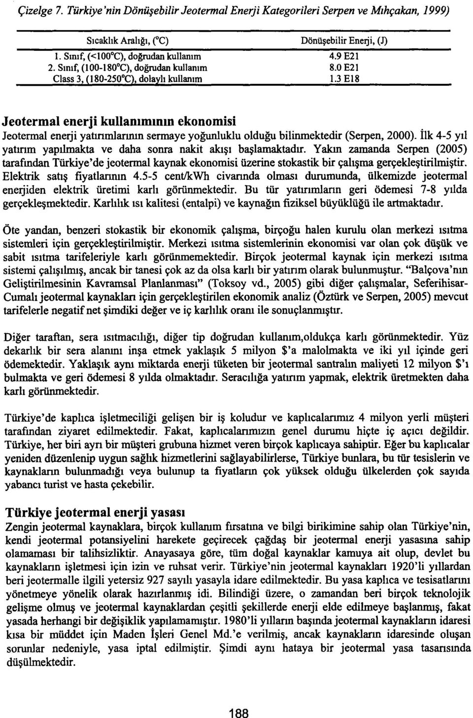 3 E18 Jeotermal enerji kullanımının ekonomisi Jeotermal enerji yatırımlarının sermaye yoğunluklu olduğu bilinmektedir (Serpen, 2).