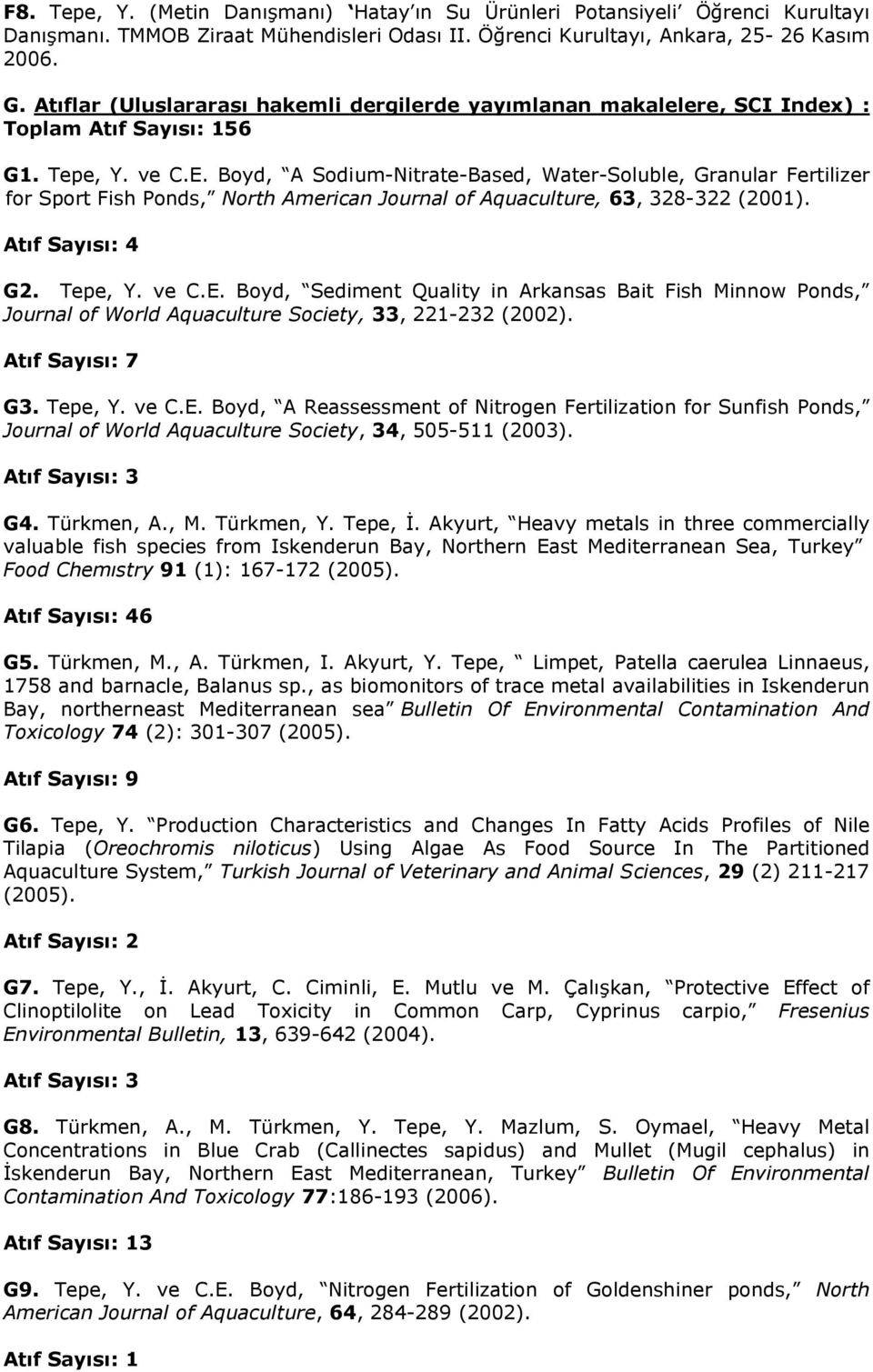 Boyd, A Sodium-Nitrate-Based, Water-Soluble, Granular Fertilizer for Sport Fish Ponds, North American Journal of Aquaculture, 63, 328-322 (2001). Atıf Sayısı: 4 G2. Tepe, Y. ve C.E.