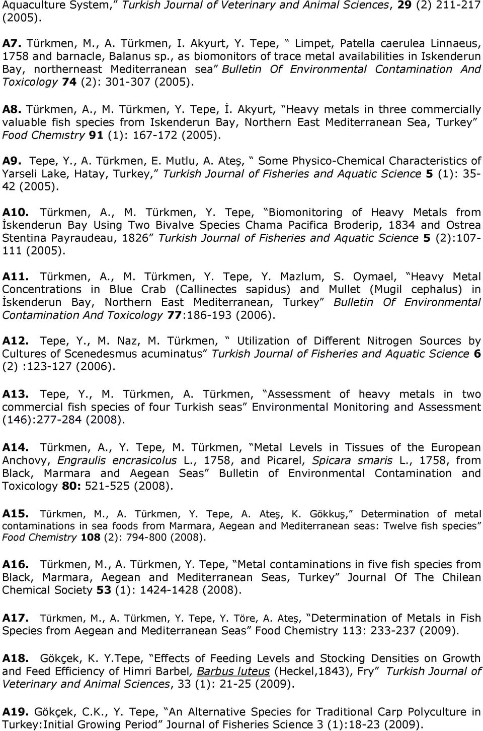 , as biomonitors of trace metal availabilities in Iskenderun Bay, northerneast Mediterranean sea Bulletin Of Environmental Contamination And Toxicology 74 (2): 301-307 (2005). A8. Türkmen, A., M.