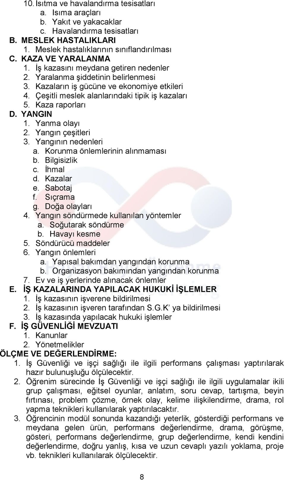 Yanma olayı 2. Yangın çeşitleri 3. Yangının nedenleri a. Korunma önlemlerinin alınmaması b. Bilgisizlik c. İhmal d. Kazalar e. Sabotaj f. Sıçrama g. Doğa olayları 4.