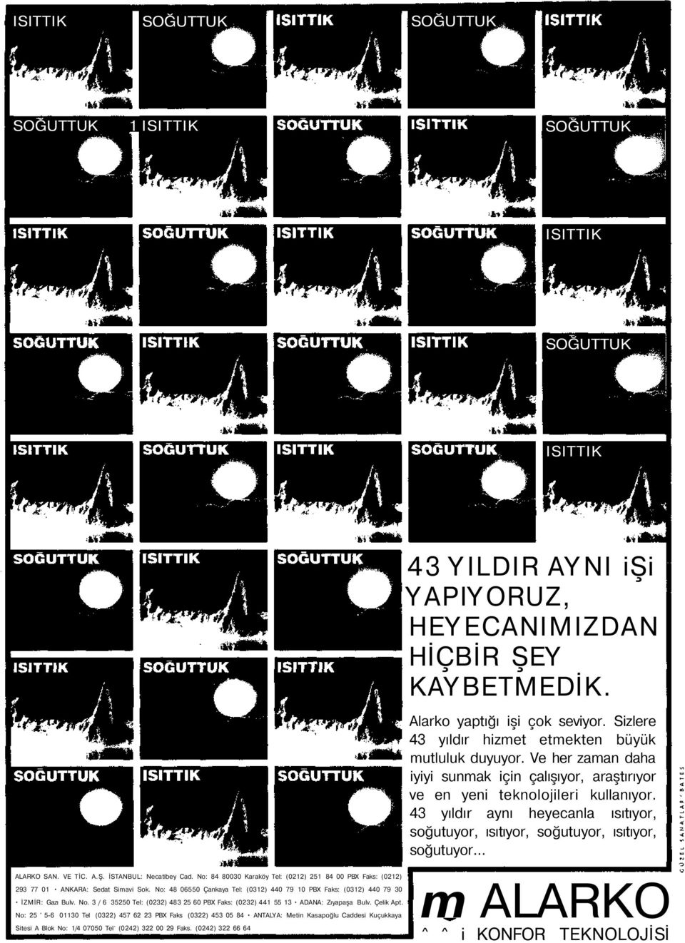 43 yıldır aynı heyecanla ısıtıyor, soğutuyor, ısıtıyor, soğutuyor, ısıtıyor, soğutuyor... ALARKO SAN. VE TİC. A.Ş. İSTANBUL: Necatibey Cad.