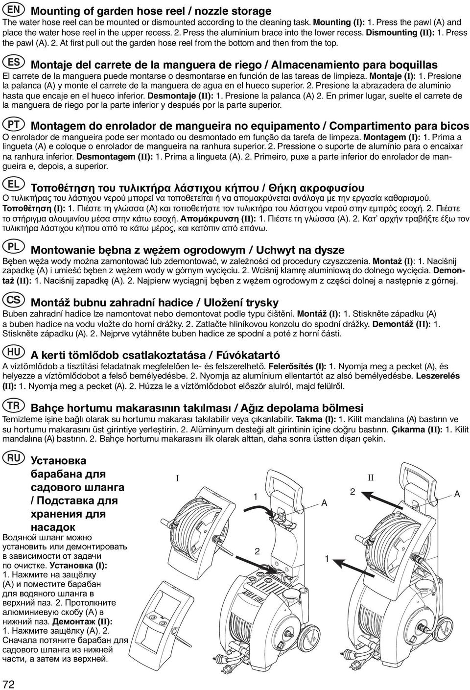 ES Montaje del carrete de la manguera de riego / Almacenamiento para boquillas El carrete de la manguera puede montarse o desmontarse en función de las tareas de limpieza. Montaje (I): 1.