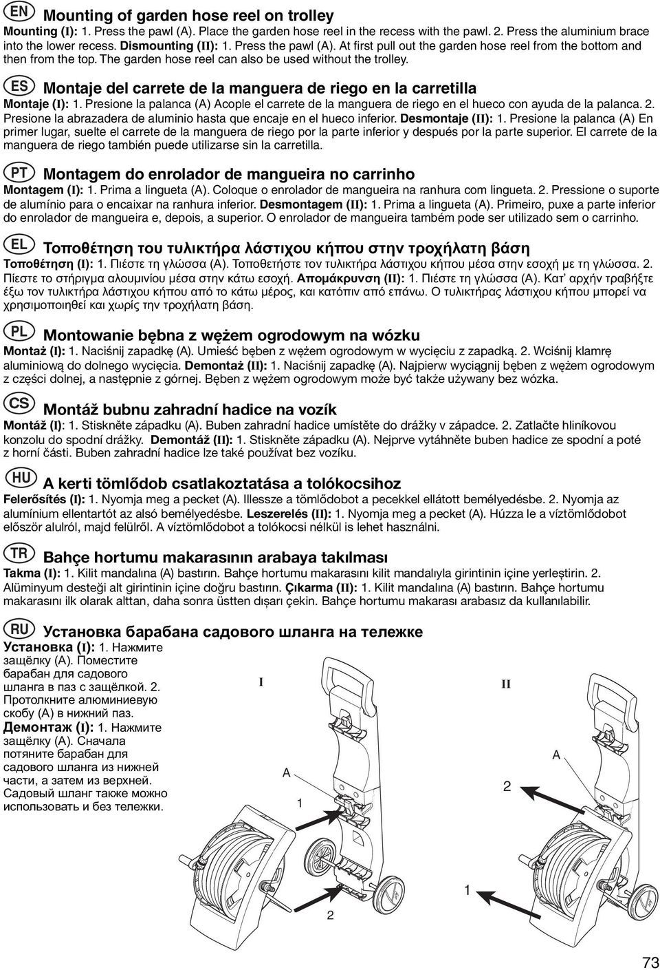 ES Montaje del carrete de la manguera de riego en la carretilla Montaje (I): 1. Presione la palanca (A) Acople el carrete de la manguera de riego en el hueco con ayuda de la palanca. 2.