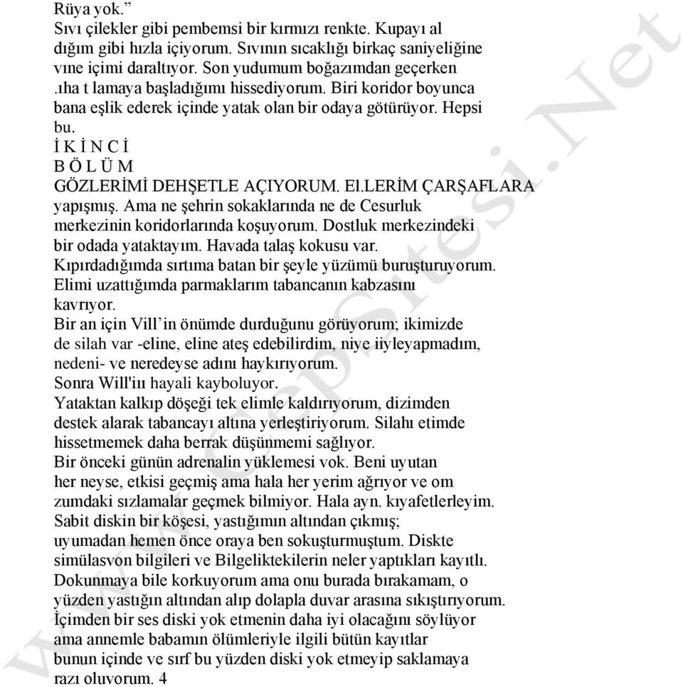 LERİM ÇARŞAFLARA yapışmış. Ama ne şehrin sokaklarında ne de Cesurluk merkezinin koridorlarında koşuyorum. Dostluk merkezindeki bir odada yataktayım. Havada talaş kokusu var.