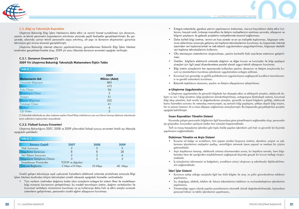 Ulaştırma Bakanlığı internet sitesinin yapılandırılması, güncellenmesi Bakanlık Bilgi İşlem Merkezi tarafından gerçekleştirilmekte olup, 2009 yılı sonu itibariyle donanım envanteri aşağıda