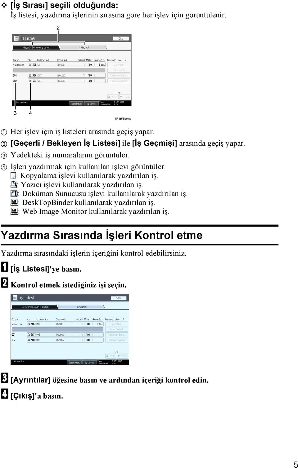 : Kopyalama işlevi kullanõlarak yazdõrõlan iş. : Yazõcõ işlevi kullanõlarak yazdõrõlan iş. : Doküman Sunucusu işlevi kullanõlarak yazdõrõlan iş. : DeskTopBinder kullanõlarak yazdõrõlan iş.