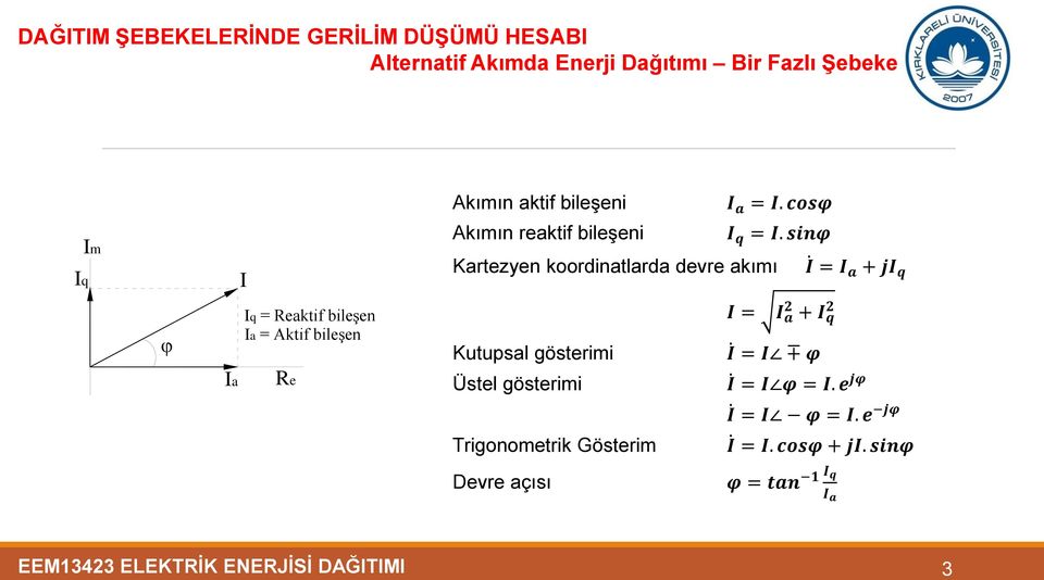 sinφ Kartezyen koordinatlarda devre akımı = a + j q = 2 a + 2 q Kutupsal gösterimi