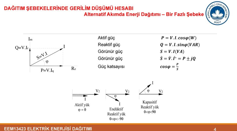 katsayısı P = V.. cosφ(w) Q = V.. sinφ(var) S = V. (VA) S = V.