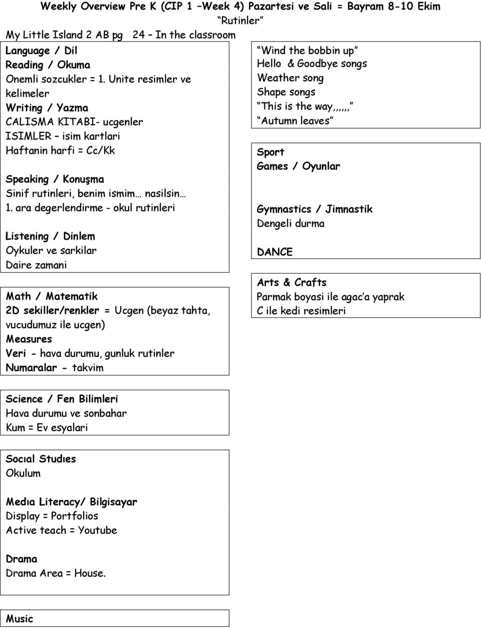 ara degerlendirme - okul rutinleri Listening / Dinlem Oykuler ve sarkilar Daire zamani Math / Matematik 2D sekiller/renkler = Ucgen (beyaz tahta, vucudumuz ile ucgen) Measures Veri - hava durumu,