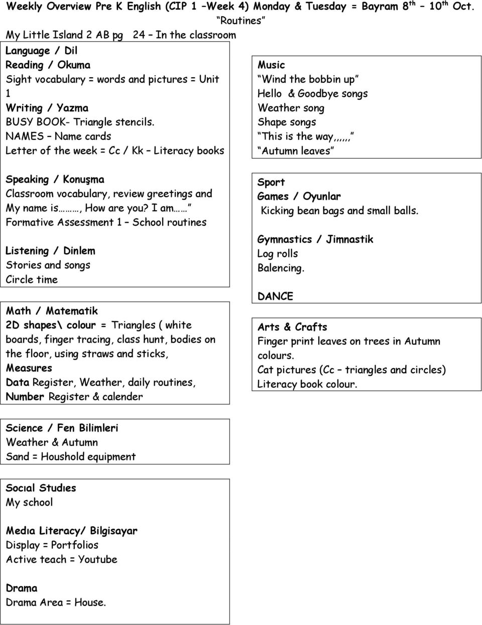 NAMES Name cards Letter of the week = Cc / Kk Literacy books Music Wind the bobbin up Hello & Goodbye songs Weather song Shape songs This is the way,,,,,, Autumn leaves Speaking / Konuşma Classroom