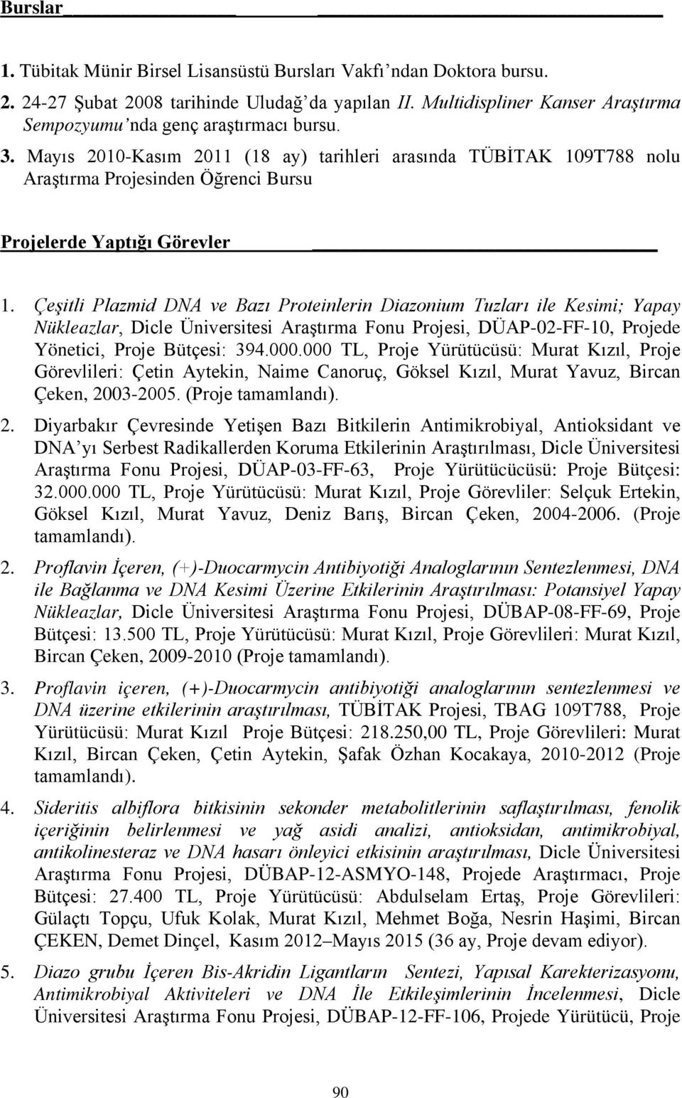 Çeşitli Plazmid DNA ve Bazı Proteinlerin Diazonium Tuzları ile Kesimi; Yapay Nükleazlar, Dicle Üniversitesi Araştırma Fonu Projesi, DÜAP-02-FF-10, Projede Yönetici, Proje Bütçesi: 394.000.