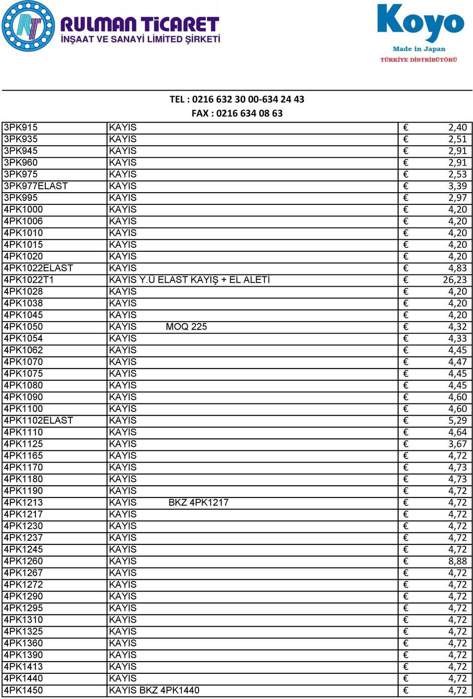 Ü ELAST KAYIŞ + EL ALETİ 26,23 4PK1028 KAYIS 4,20 4PK1038 KAYIS 4,20 4PK1045 KAYIS 4,20 4PK1050 KAYIS MOQ 225 4,32 4PK1054 KAYIS 4,33 4PK1062 KAYIS 4,45 4PK1070 KAYIS 4,47 4PK1075 KAYIS 4,45 4PK1080