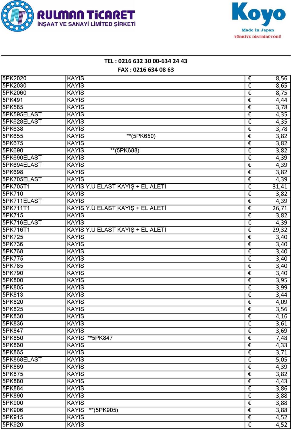 Ü ELAST KAYIŞ + EL ALETİ 31,41 5PK710 KAYIS 3,82 5PK711ELAST KAYIS 4,39 5PK711T1 KAYIS Y.Ü ELAST KAYIŞ + EL ALETİ 26,71 5PK715 KAYIS 3,82 5PK716ELAST KAYIS 4,39 5PK716T1 KAYIS Y.