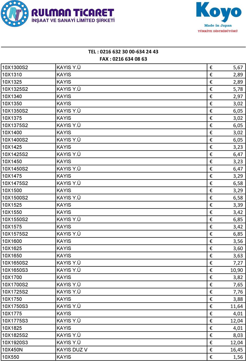 Ü 6,58 10X1500 KAYIS 3,29 10X1500S2 KAYIS Y.Ü 6,58 10X1525 KAYIS 3,39 10X1550 KAYIS 3,42 10X1550S2 KAYIS Y.Ü 6,85 10X1575 KAYIS 3,42 10X1575S2 KAYIS Y.