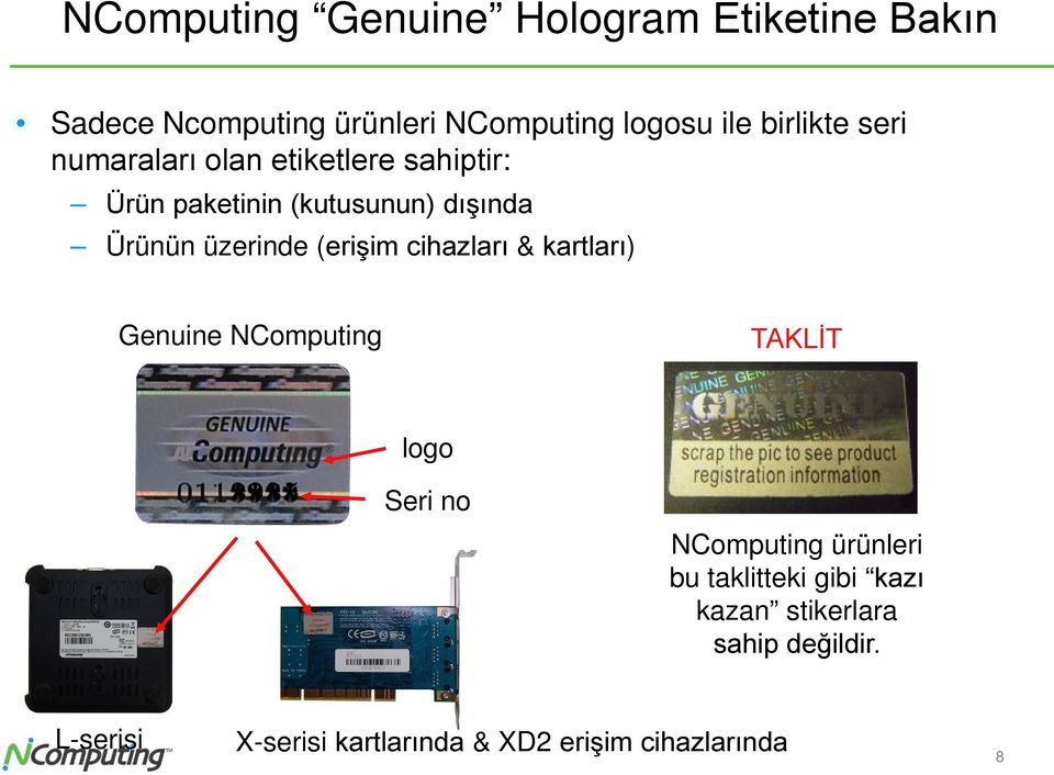 üzerinde (erişim cihazları & kartları) Genuine NComputing TAKLİT logo Seri no NComputing ürünleri