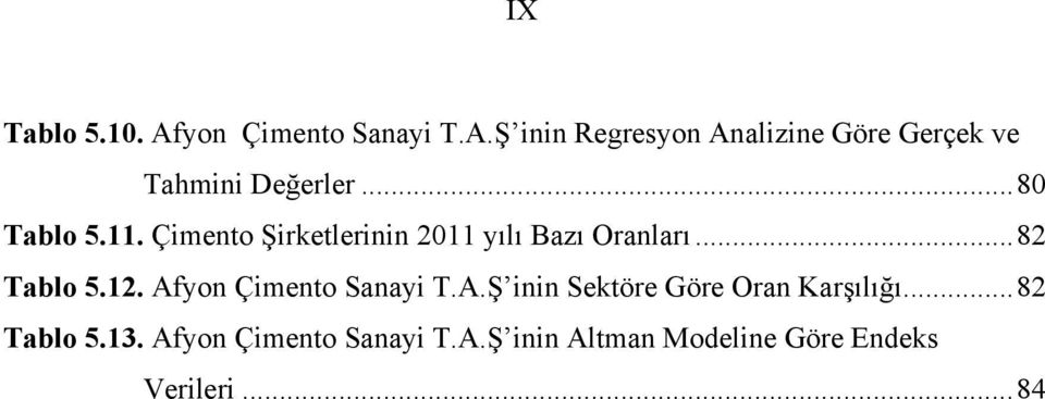 Afyon Çimento Sanayi T.A.Ş inin Sektöre Göre Oran Karşılığı... 82 Tablo 5.13.