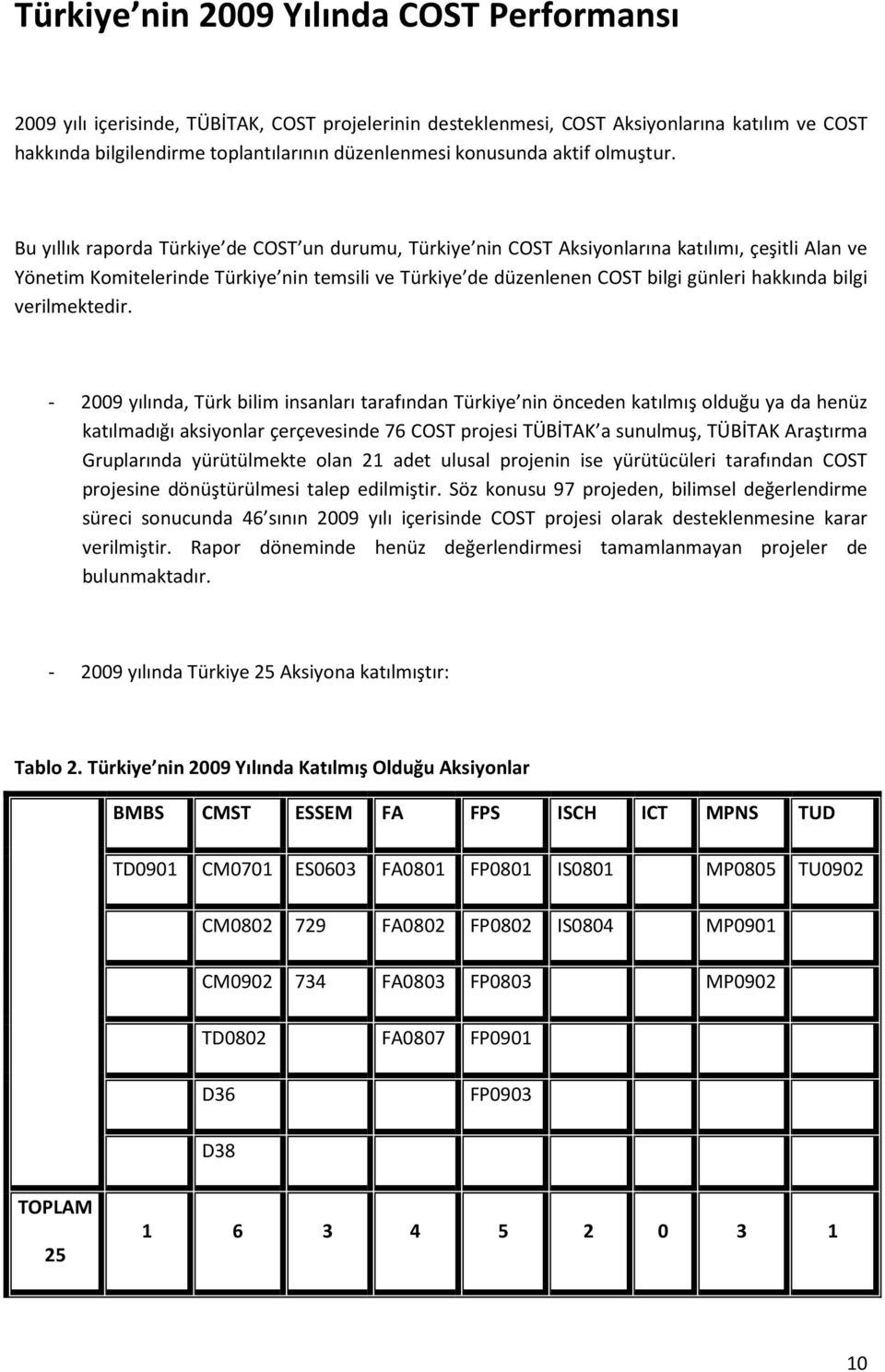 - 2009 yılında, Türk bilim insanları tarafından önceden katılmış olduğu ya da henüz katılmadığı aksiyonlar çerçevesinde 76 projesi TÜBİTAK a sunulmuş, TÜBİTAK Araştırma Gruplarında yürütülmekte olan