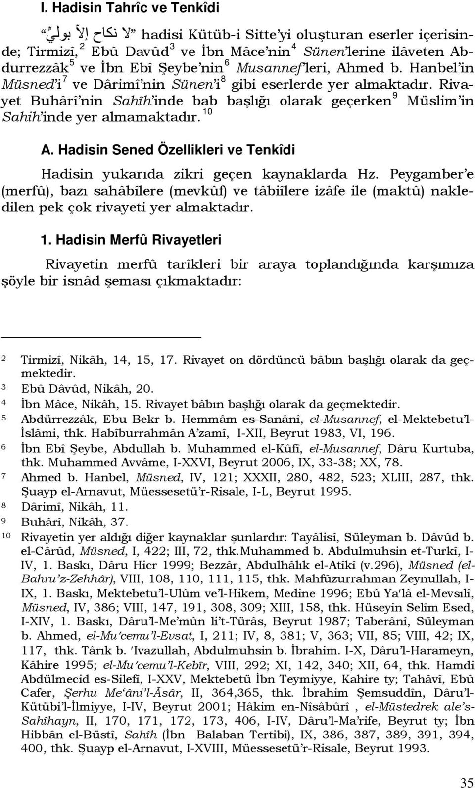 Rivayet Buhârî nin Sahîh inde bab başlığı olarak geçerken9f9 Müslim in 10 Sahih inde yer almamaktadır.10f A. Hadisin Sened Özellikleri ve Tenkîdi Hadisin yukarıda zikri geçen kaynaklarda Hz.