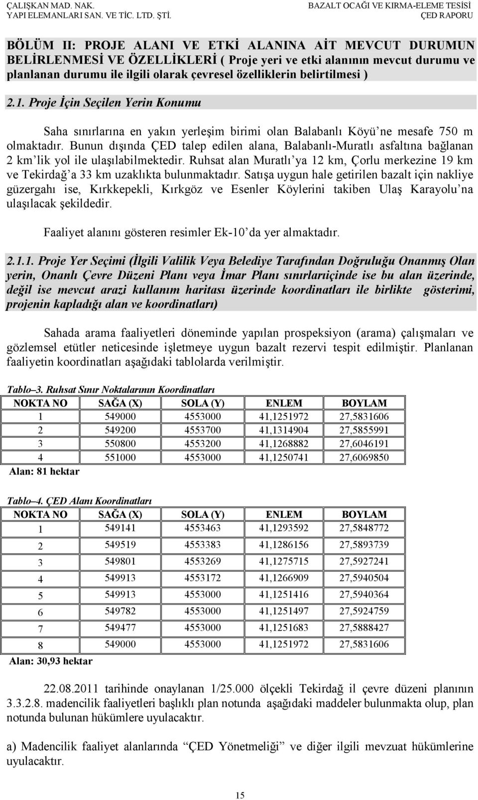 Bunun dışında ÇED talep edilen alana, Balabanlı-Muratlı asfaltına bağlanan 2 km lik yol ile ulaşılabilmektedir.