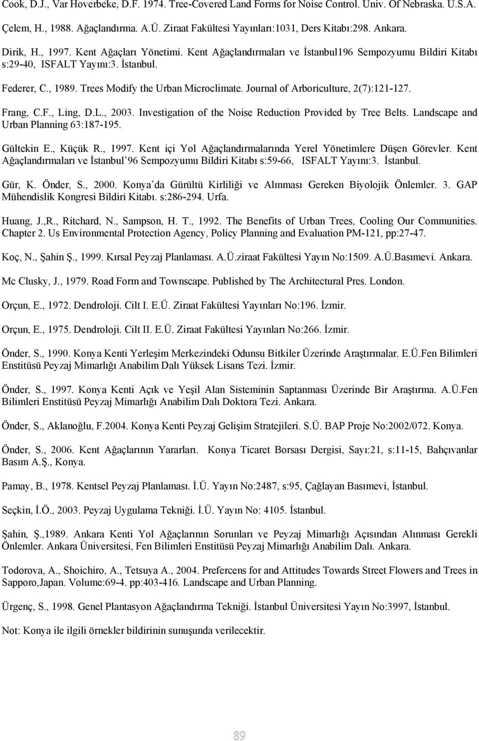 Journal of Arboriculture, 2(7):121-127. Frang, C.F., Ling, D.L., 2003. Investigation of the Noise Reduction Provided by Tree Belts. Landscape and Urban Planning 63:187-195. Gültekin E., Küçük R.