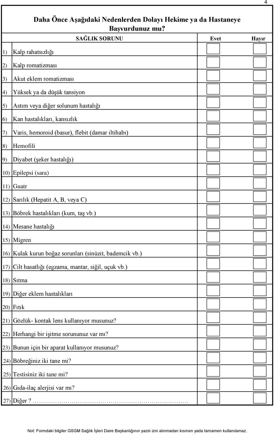 veya diğer solunum hastalığı Kan hastalıkları, kansızlık Varis, hemoroid (basur), flebit (damar iltihabı) Hemofili Diyabet (şeker hastalığı) Epilepsi (sara) Guatr Sarılık (Hepatit A, B, veya C)