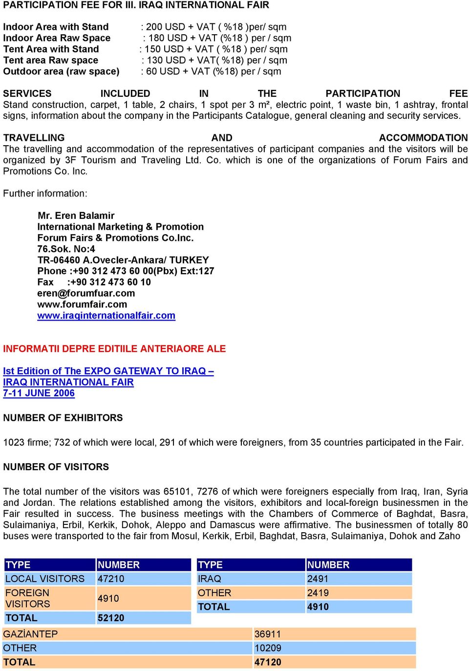 : 150 USD + VAT ( %18 ) per/ sqm : 130 USD + VAT( %18) per / sqm : 60 USD + VAT (%18) per / sqm SERVICES INCLUDED IN THE PARTICIPATION FEE Stand construction, carpet, 1 table, 2 chairs, 1 spot per 3