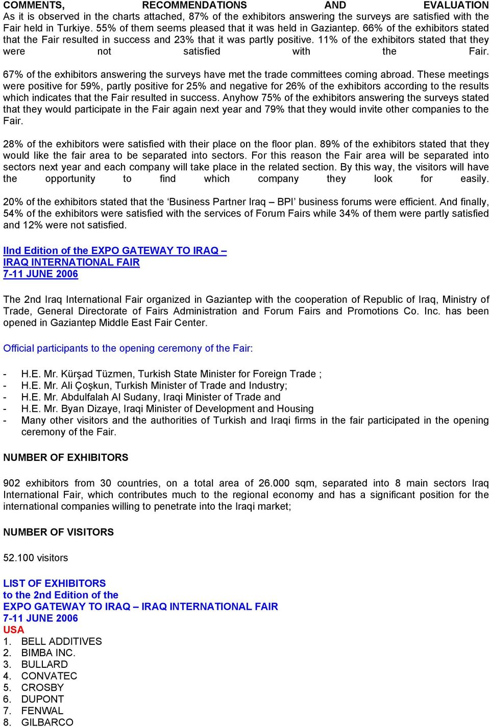 11% of the exhibitors stated that they were not satisfied with the Fair. 67% of the exhibitors answering the surveys have met the trade committees coming abroad.