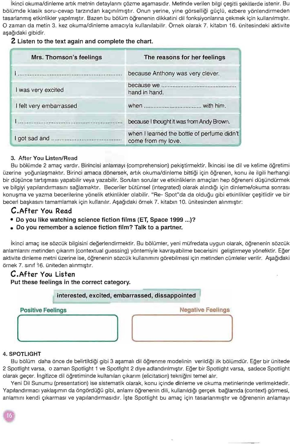kez okuma/dinleme amacryla kullanrlabilir. brnek olarak 7. kitabrn 16. Onitesindeki ak1ivite a~agrdaki gibidir. 2 Listen to the text again and complete the chart. Mrs. Thomson's feelings I.