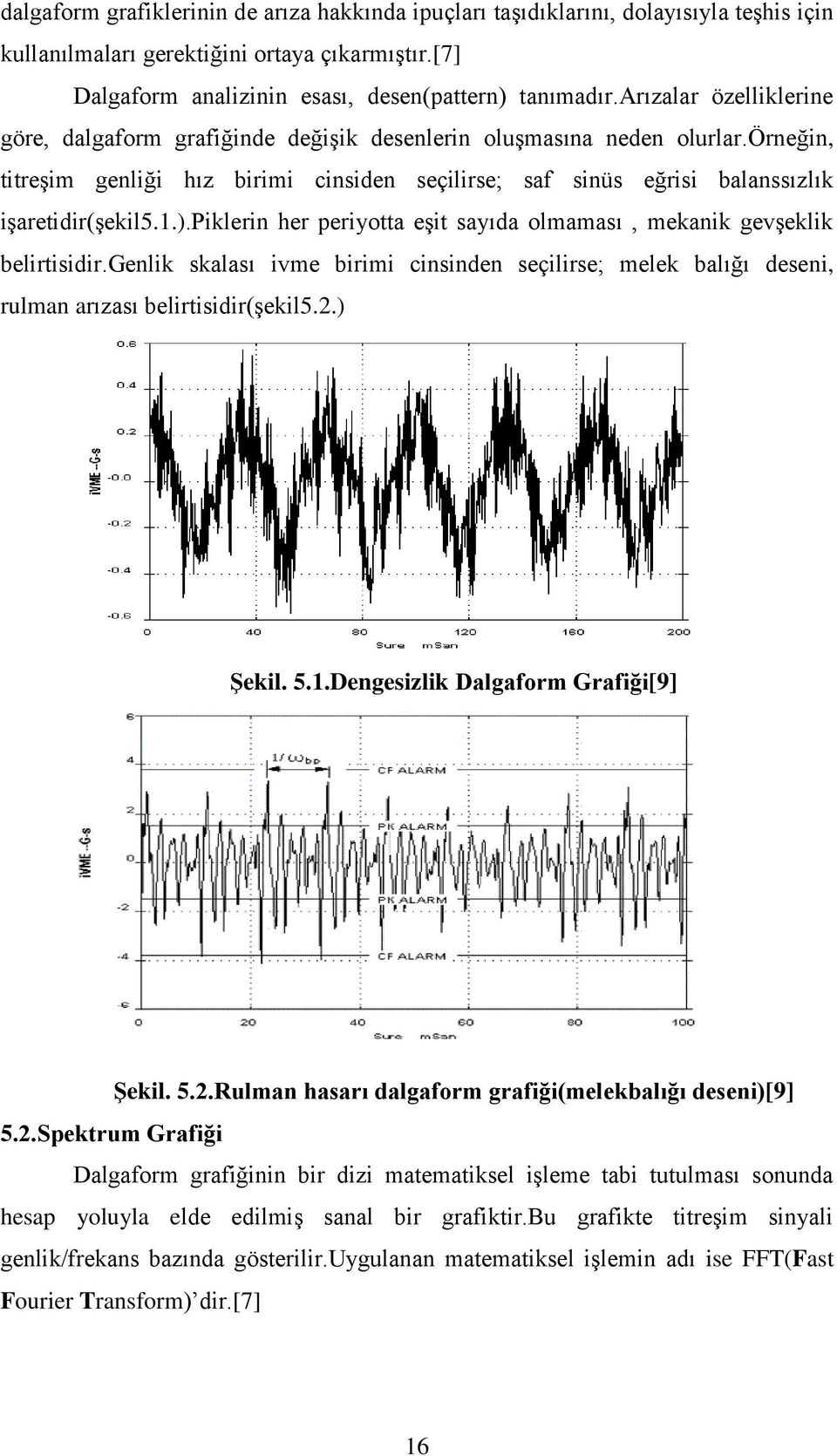 1.).piklerin her periyotta eşit sayıda olmaması, mekanik gevşeklik belirtisidir.genlik skalası ivme birimi cinsinden seçilirse; melek balığı deseni, rulman arızası belirtisidir(şekil5.2.) Şekil. 5.1.Dengesizlik Dalgaform Grafiği[9] Şekil.