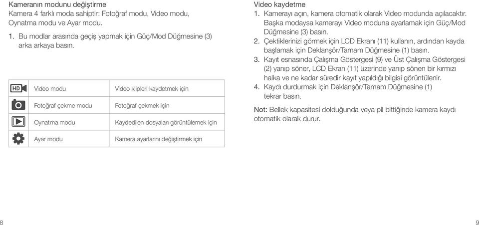 Kamerayı açın, kamera otomatik olarak Video modunda açılacaktır. Başka modaysa kamerayı Video moduna ayarlamak için Güç/Mod Düğmesine (3) basın. 2.