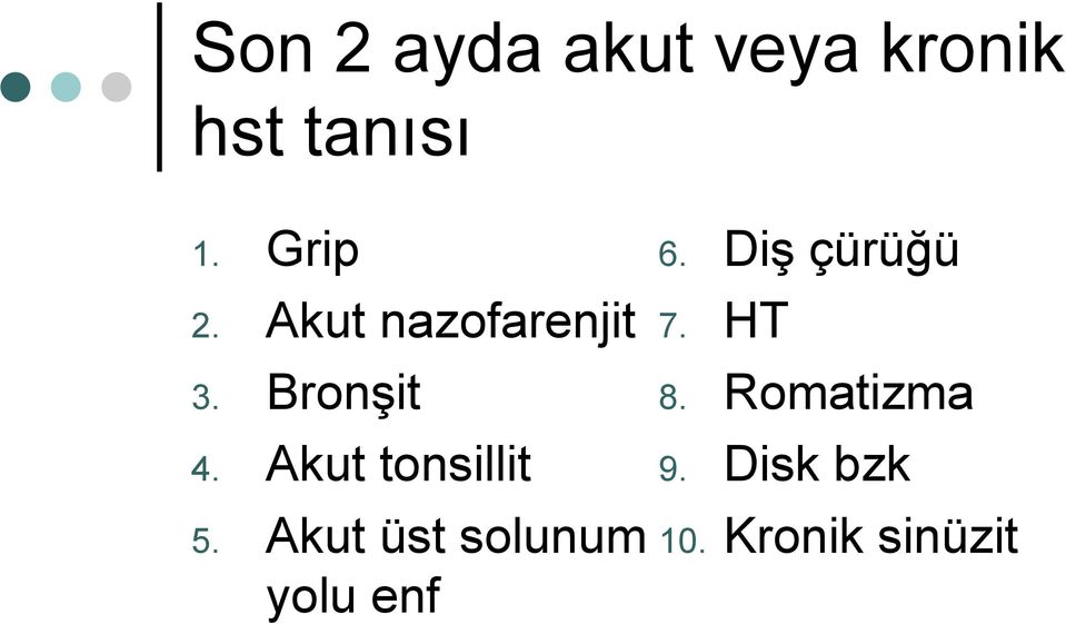 Akut tonsillit 5. Akut üst solunum yolu enf 6.