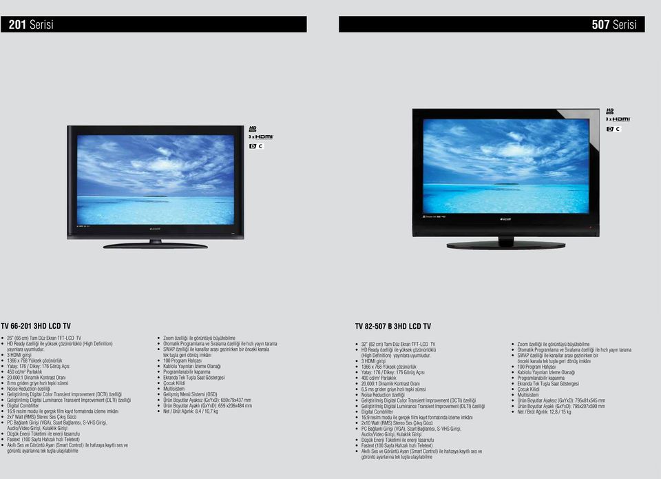 000:1 Dinamik Kontrast Oranı 8 ms griden griye hızlı tepki süresi Geliştirilmiş Digital Color Transient Improvement (DCTI) özelliği 2x7 Watt (RMS) Stereo Ses Çıkış Gücü PC Bağlantı Girişi (VGA),