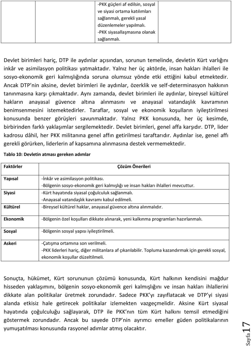 Yalnız her üç aktörde, insan hakları ihlalleri ile sosyo-ekonomik geri kalmışlığında soruna olumsuz yönde etki ettiğini kabul etmektedir.