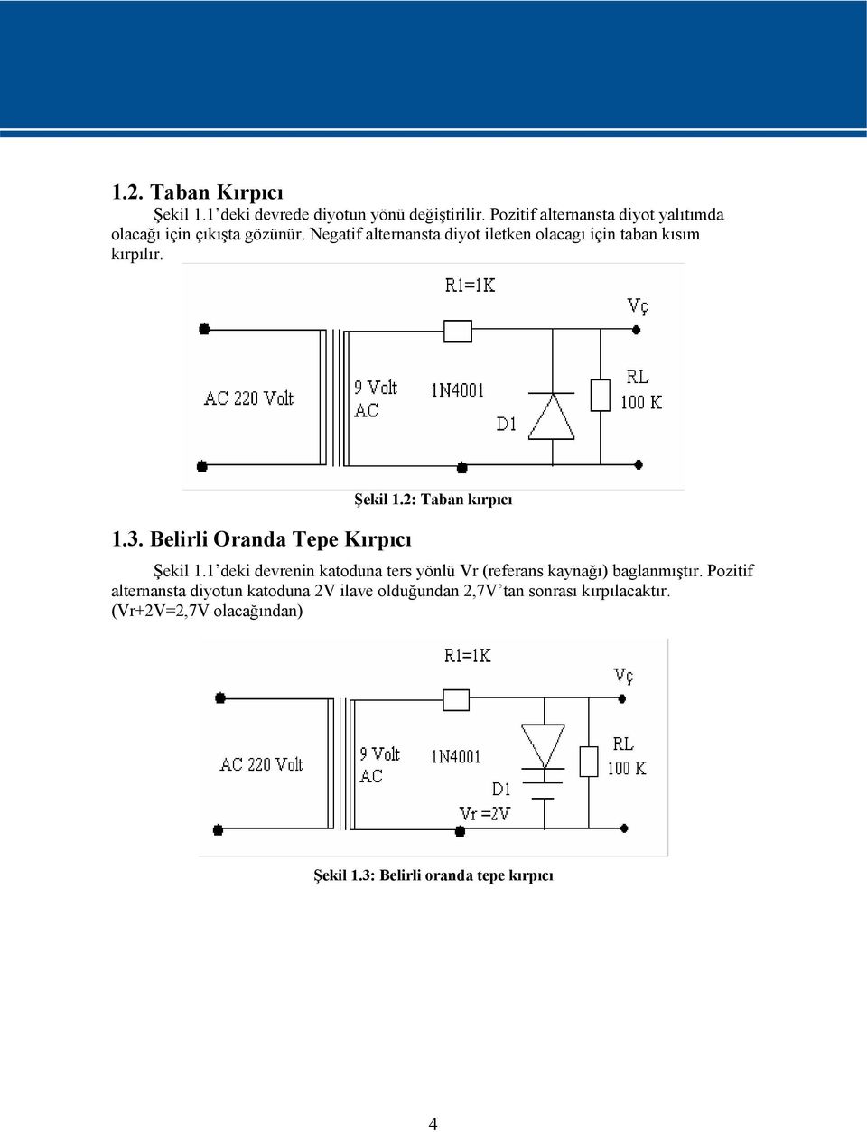 Negatif alternansta diyot iletken olacagı için taban kısım kırpılır. 1.3. Belirli Oranda Tepe Kırpıcı Şekil 1.