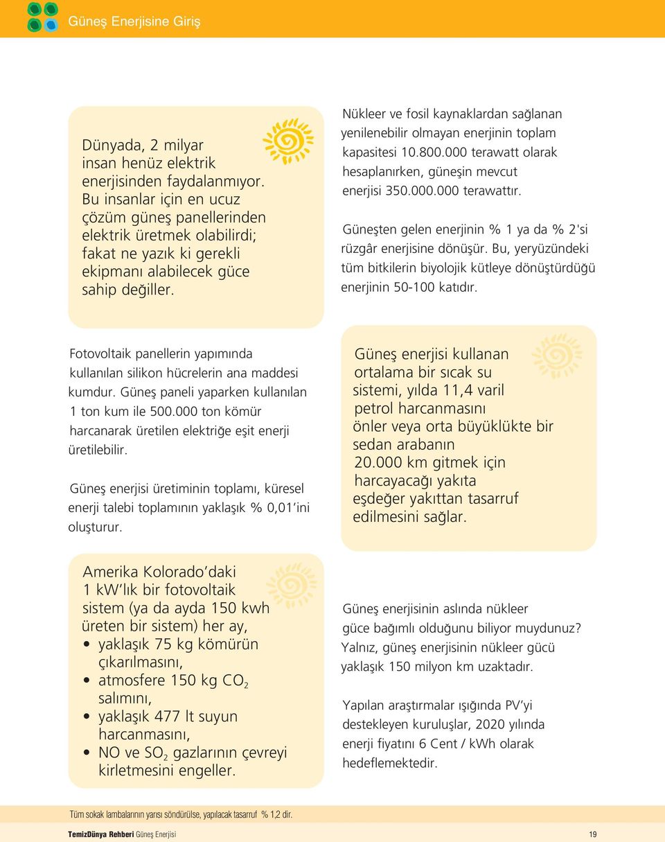 Nükleer ve fosil kaynaklardan sa lanan yenilenebilir olmayan enerjinin toplam kapasitesi 10.800.000 terawatt olarak hesaplan rken, güneflin mevcut enerjisi 350.000.000 terawatt r.