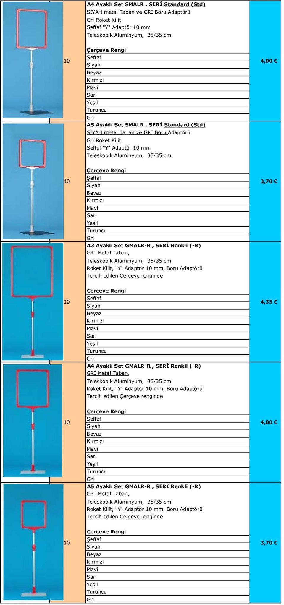 35/35 cm Roket Kilit, "Y" Adaptör mm, Boru Adaptörü Tercih edilen Çerçeve renginde Çerçeve Rengi 4,35 A4 Ayaklı Set GMALR-R, SERİ Renkli (-R) GRİ Metal Taban, Teleskopik Aluminyum, 35/35 cm Roket