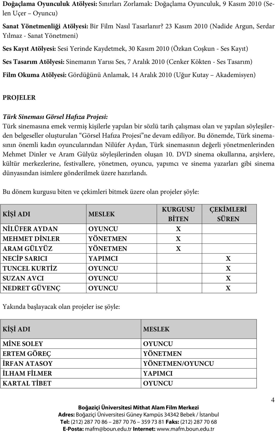 2010 (Cenker Kökten - Ses Tasarım) Film Okuma Atölyesi: Gördüğünü Anlamak, 14 Aralık 2010 (Uğur Kutay Akademisyen) PROJELER Türk Sineması Görsel Hafıza Projesi: Türk sinemasına emek vermiş kişilerle