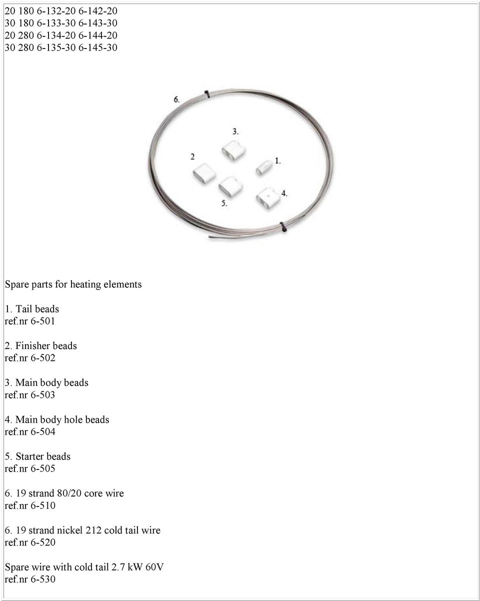 nr 6-503 4. Main body hole beads ref.nr 6-504 5. Starter beads ref.nr 6-505 6. 19 strand 80/20 core wire ref.