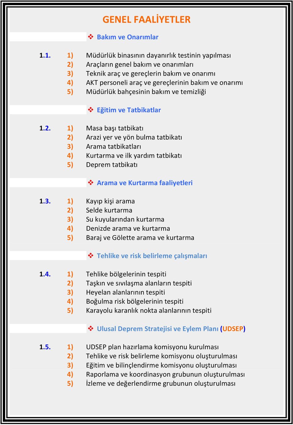 Müdürlük bahçesinin bakım ve temizliği Eğitim ve Tatbikatlar 1.2.