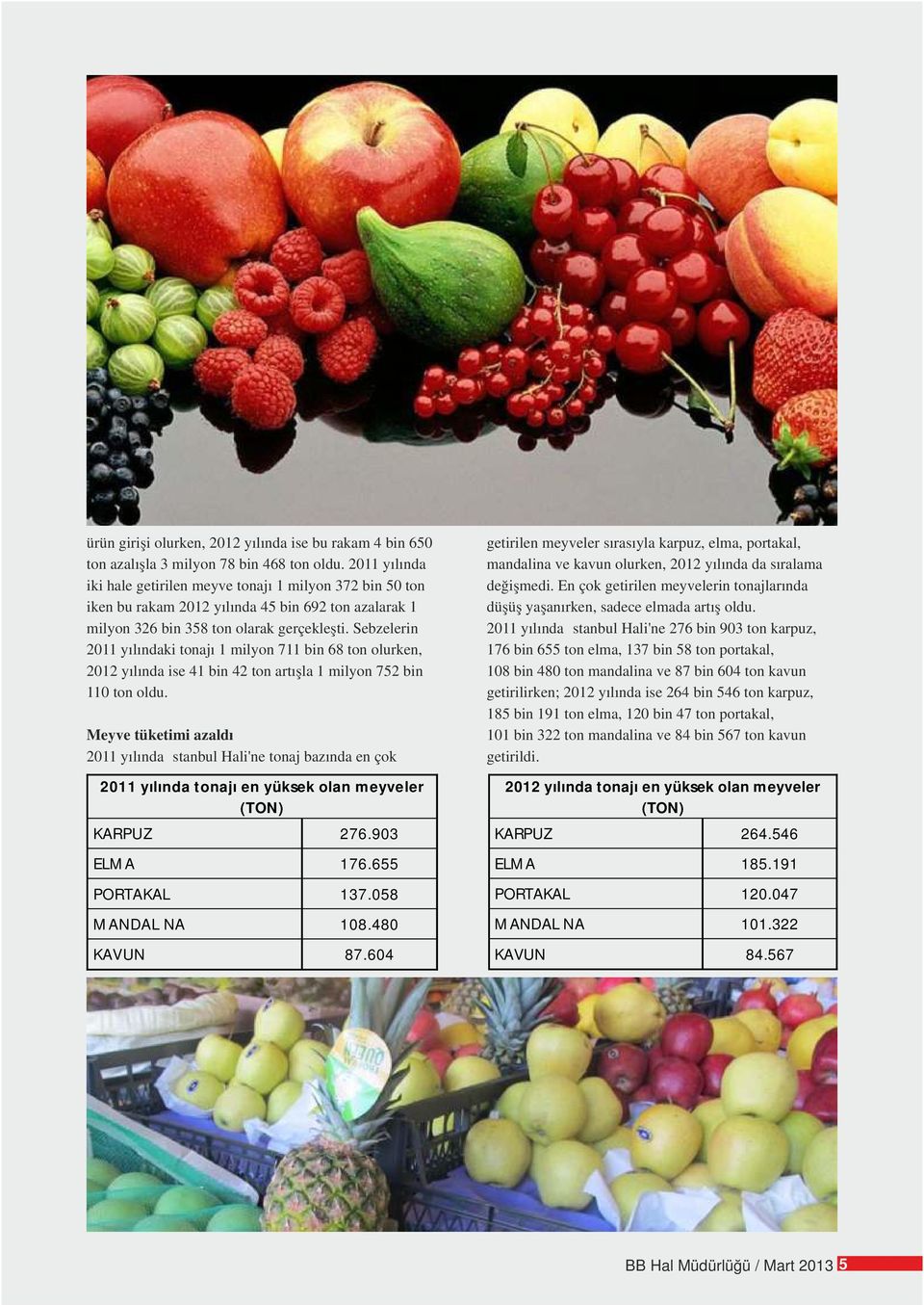 En çok getirilen meyvelerin tonajlarında iken bu rakam 2012 yılında 45 bin 692 ton azalarak 1 düşüş yaşanırken, sadece elmada artış oldu. milyon 326 bin 358 ton olarak gerçekleşti.