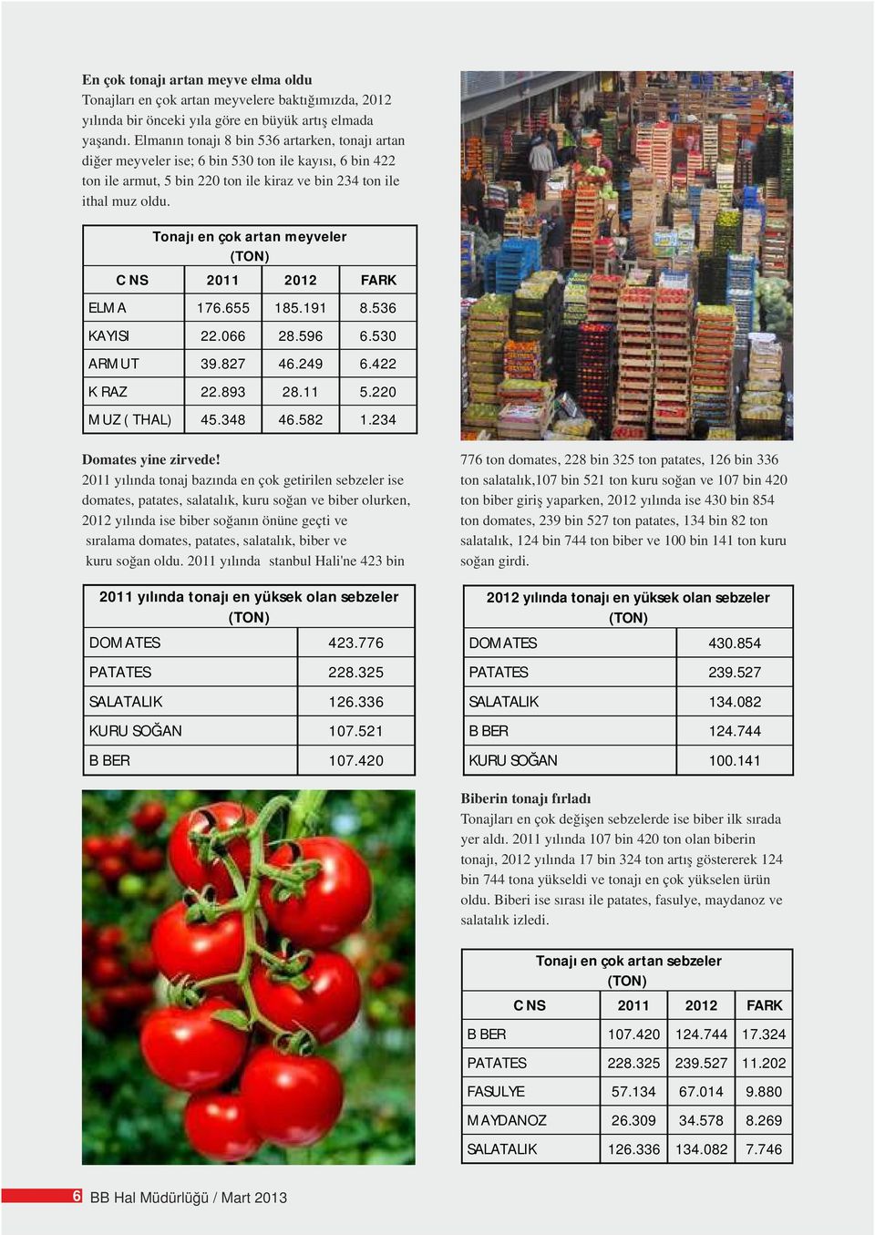 Tonajı en çok artan meyveler (TON) CİNSİ 2011 2012 FARK ELMA 176.655 185.191 8.536 KAYISI 22.066 28.596 6.530 ARMUT 39.827 46.249 6.422 KİRAZ 22.893 28.11 5.220 MUZ (İTHAL) 45.348 46.582 1.