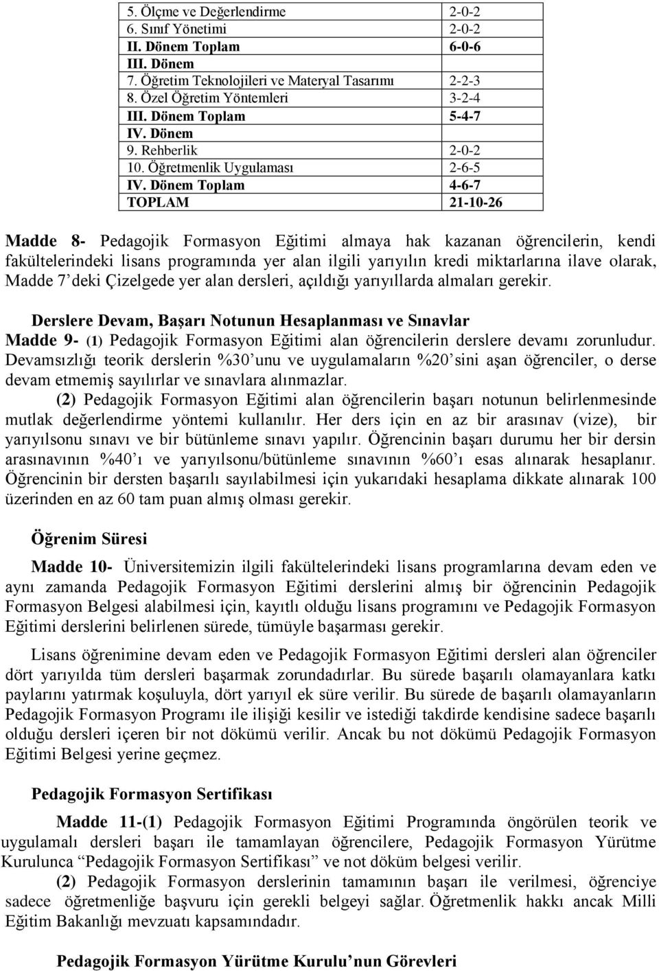 Dönem Toplam 4-6-7 TOPLAM 21-10-26 Madde 8- Pedagojik Formasyon Eğitimi almaya hak kazanan öğrencilerin, kendi fakültelerindeki lisans programında yer alan ilgili yarıyılın kredi miktarlarına ilave