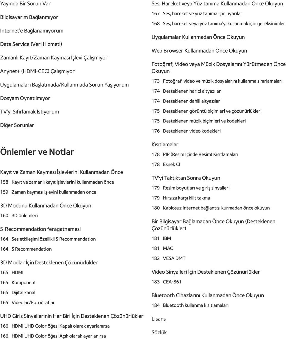 işlevlerini kullanmadan önce 159 Zaman kayması işlevini kullanmadan önce 3D Modunu Kullanmadan Önce Okuyun 160 3D önlemleri S-Recommendation feragatnamesi 164 Ses etkileşimi özellikli S