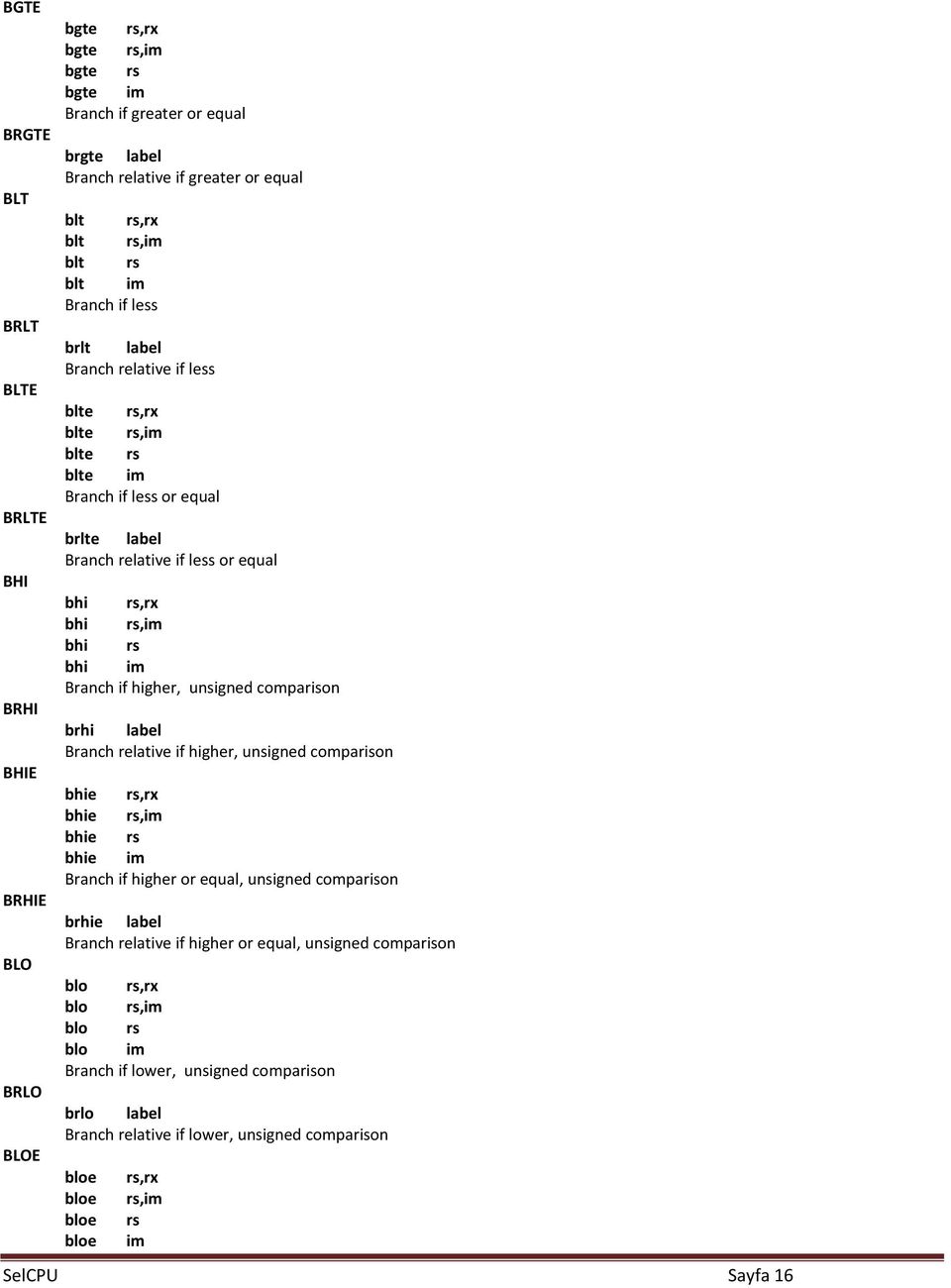 bhi im Branch if higher, unsigned comparison brhi label Branch relative if higher, unsigned comparison bhie rs,rx bhie rs,im bhie rs bhie im Branch if higher or equal, unsigned comparison brhie label