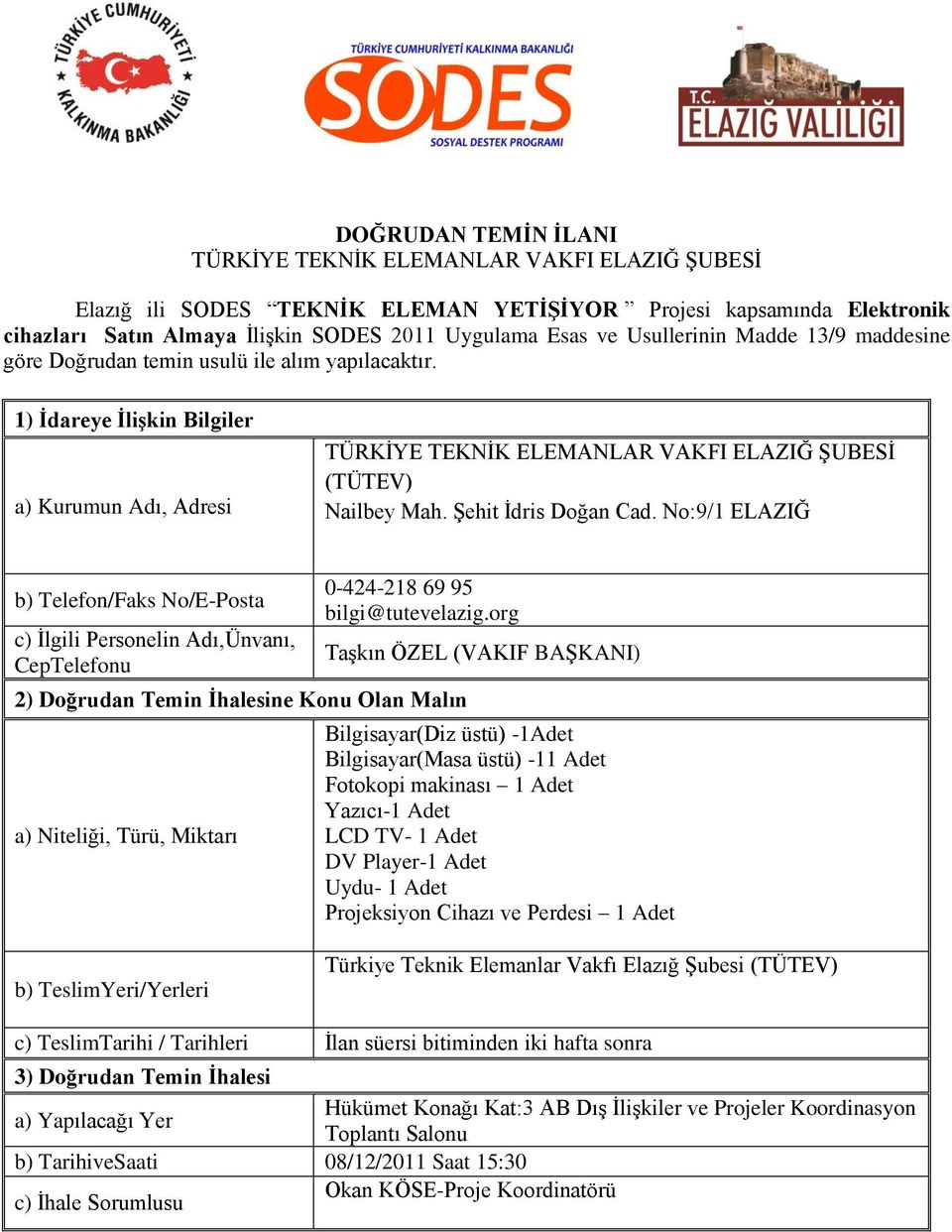 Şehit İdris Doğan Cad. No:9/1 ELAZIĞ b) Telefon/Faks No/E-Posta c) İlgili Personelin Adı,Ünvanı, CepTelefonu 0-424-218 69 95 bilgi@tutevelazig.