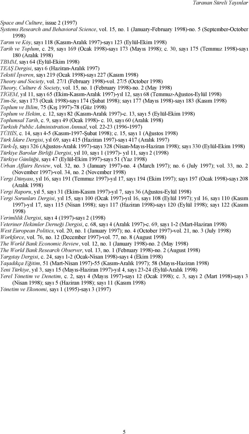 30, sayı 175 (Temmuz 1998)-sayı 180 (Aralık 1998) TBMM, sayı 64 (Eylül-Ekim 1998) TEAŞ Dergisi, sayı 6 (Haziran-Aralık 1997) Tekstil İşveren, sayı 219 (Ocak 1998)-sayı 227 (Kasım 1998) Theory and