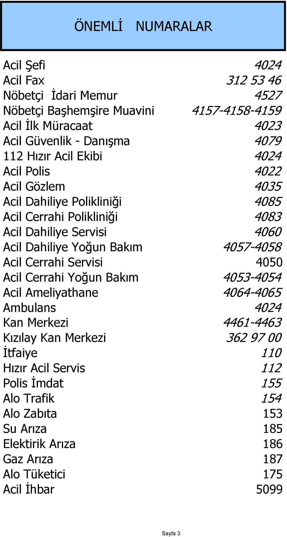 Bakım 4060 4057-4058 Acil Cerrahi Servisi 4050 Acil Cerrahi Yoğun Bakım 4053-4054 Acil Ameliyathane 4064-4065 Ambulans 4024 Kan Merkezi 4461-4463 Kızılay Kan Merkezi