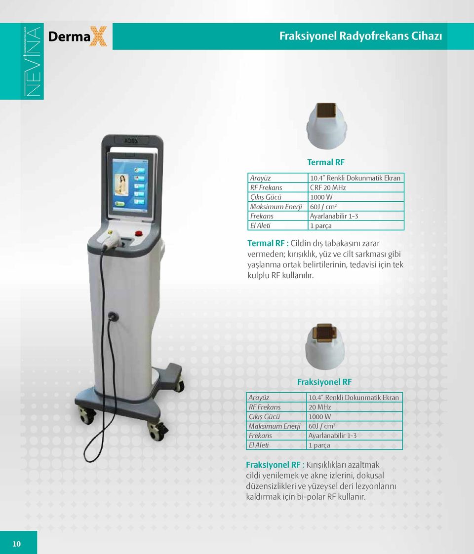 tabakasını zarar vermeden; kırışıklık, yüz ve cilt sarkması gibi yaşlanma ortak belirtilerinin, tedavisi için tek kulplu RF kullanılır. Fraksiyonel RF Arayüz 10.
